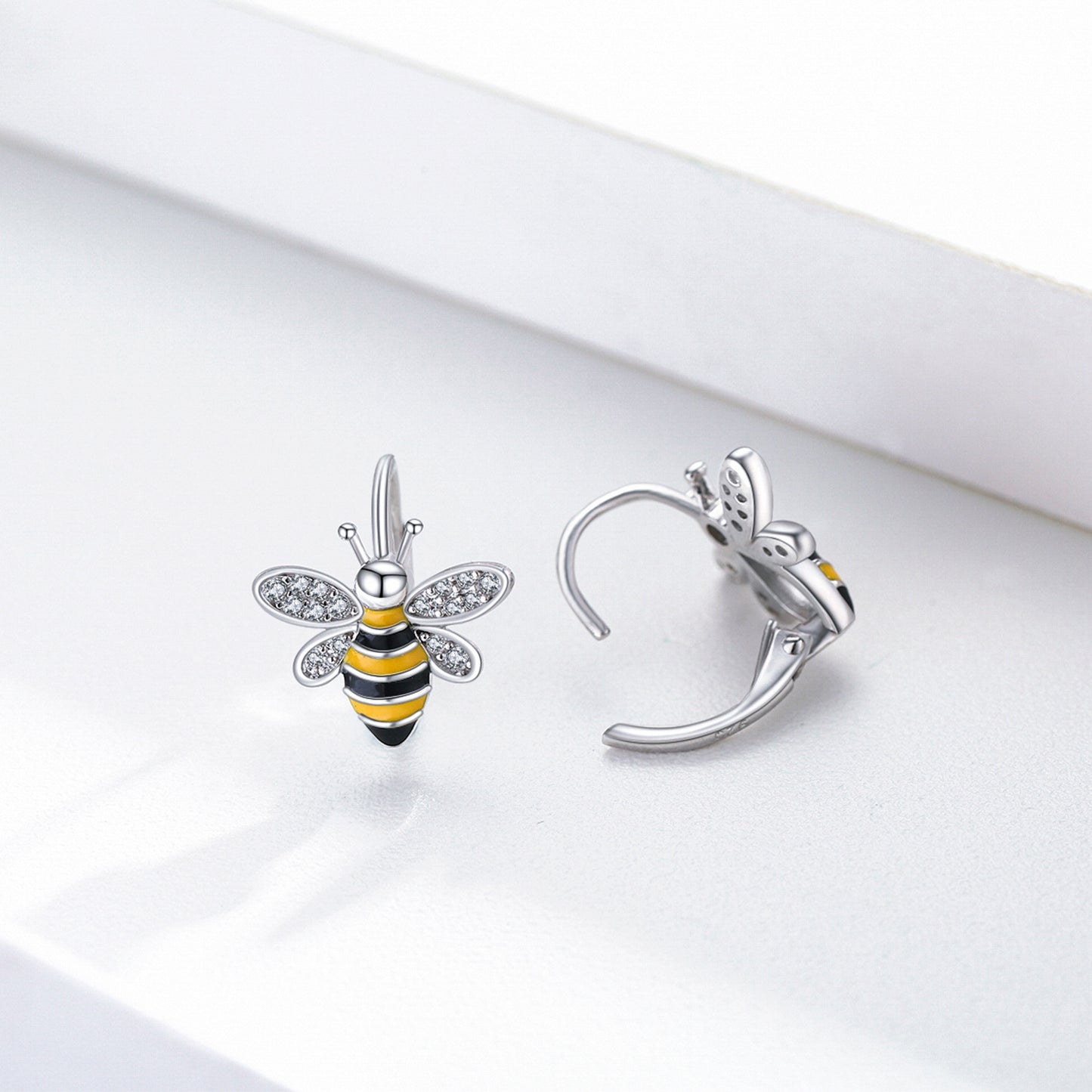 S925 Silver Bee Huggie Earrings - Bumble Honey Hoop Jewelry for Women