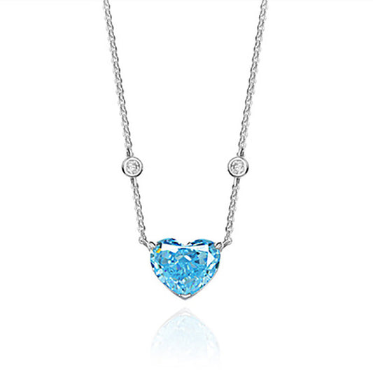 Ocean Blue Heart Zircon Necklace – S925 Sterling Silver, Elegant Design.